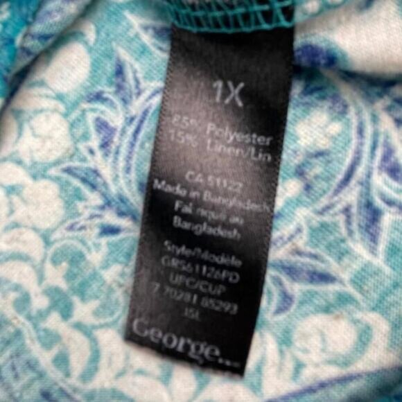 George Blouse Top Womens 1X Blue Geometric Print Cap Sleeve Round Neck Pullover - Picture 3 of 6